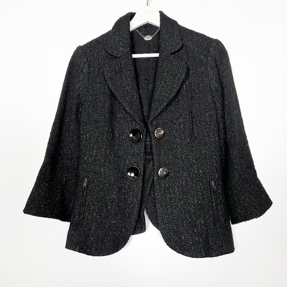 Tuleh Women's Jacket Size 6 Black Tweed Wool Lined Zip Pockets RARE